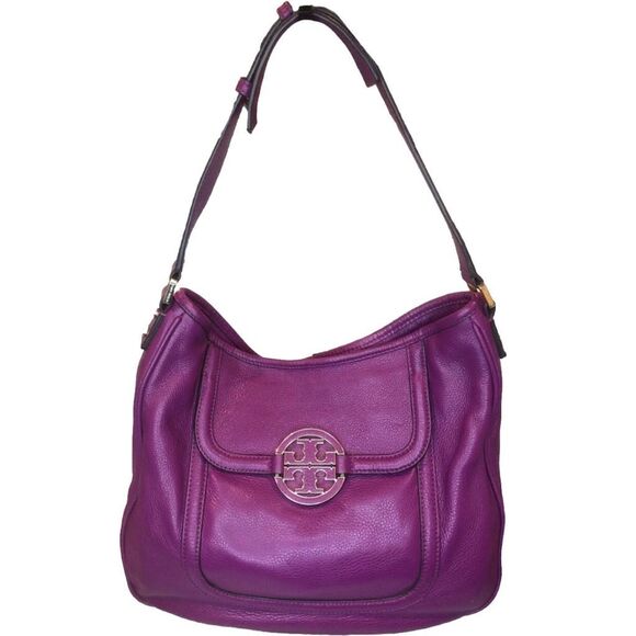 TORY BURCH Amanda Hobo Purple Tumbled Leather Front Pocket Oversized Bag - Picture 1 of 17